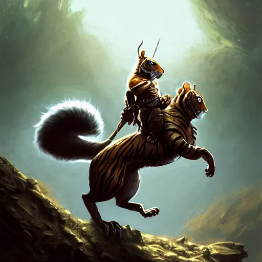 Prompt: Squirrel knight riding tiger, magic the gathering artwork, D&D, fantasy, cinematic lighting, centered, symmetrical, highly detailed, digital painting, artstation, concept art, smooth, sharp focus, illustration, volumetric lighting, epic Composition, 8k, art by Akihiko Yoshida and Greg Rutkowski and Craig Mullins, oil painting, cgsociety