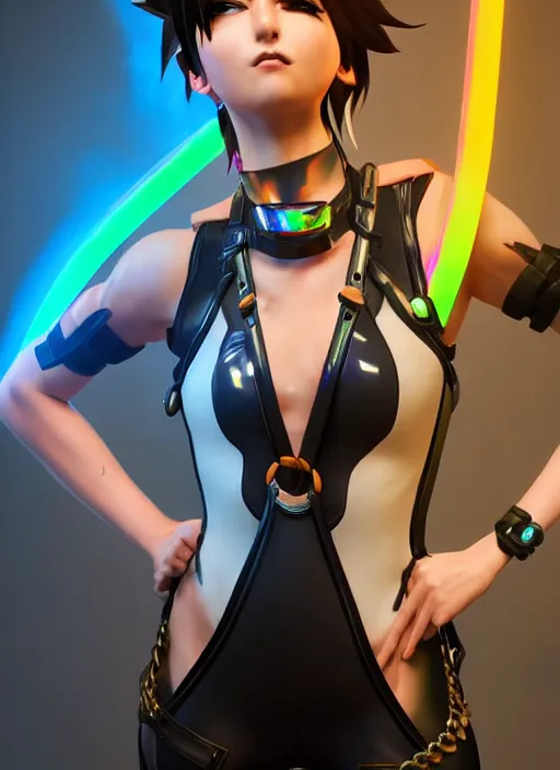 Image similar to full body digital artwork of tracer overwatch, wearing black iridescent rainbow latex tank top, 4 k, expressive happy smug expression, makeup, in style of mark arian, wearing detailed black leather collar, chains, black leather harness, leather cuffs around wrists, detailed face and eyes,