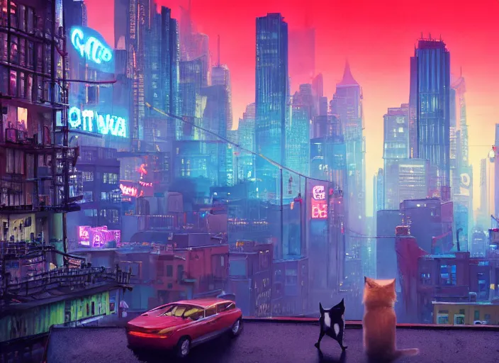 Prompt: cityscape with a cat watching from a rooftop as it rains. The city is full of bright, neon lights and towering skyscrapers, with a dark and gritty atmosphere, volumetric fog, volumetric lighting, stop motion, Animated film Kubo, Kubo and the Two Strings, directed by wes anderson 130mm, sharp, high res