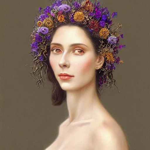 Image similar to facial portrait of a young pretty woman in flowing dress, arrogant, mysterious, long fine flowing hair, delicate, looking at camera, slightly awkward smile, realistic face, hands behind back, intricate, stylish, elegant, grimdark fantasy, flowers, extremely detailed painting by Gerald Brom and Ernst Haeckel and Greg Rutkowski