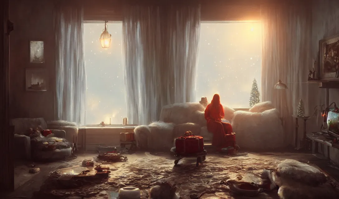 Image similar to a christmas eve photorealistic painting, cozy home, interior, sci - fi, wlop, concept art, octane render, deviantart, greg rutkowski, cinematic, key art, hyperrealism