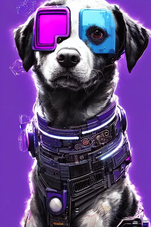 Image similar to a beautiful portrait of a cute cyberpunk dog by sandra chevrier and greg rutkowski and wlop, purple blue color scheme, high key lighting, volumetric light, digital art, highly detailed, fine detail, intricate, ornate, complex, octane render, unreal engine, photorealistic