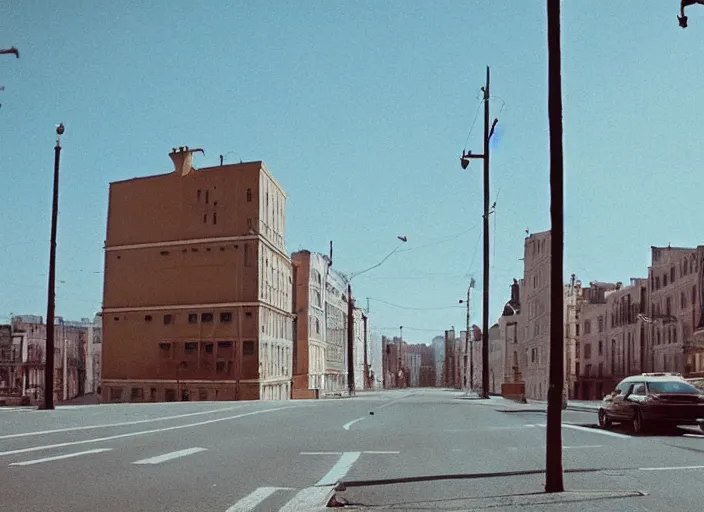 Prompt: an empty street by wes anderson, tumblr, video art, wide lens, filmic, criterion collection