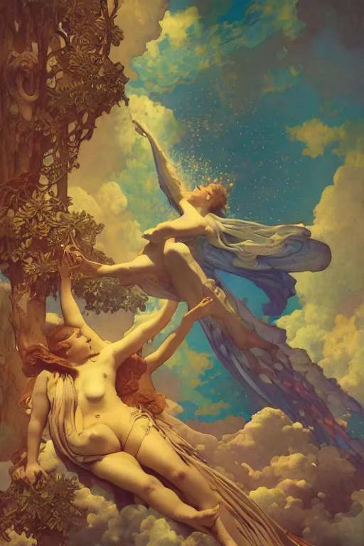 Prompt: at the gates of heaven she flies outside, symmetrical, by maxfield parrish, by gustave dore, by peter mohrbacher, by alphonse mucha, by karol bak, sharp focus, vivid color, rainbowshift, octane render, cgi, rule of thirds