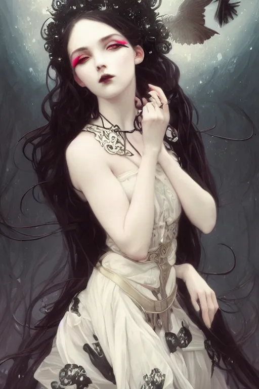 Image similar to portrait of radical lolita girl, dreamy and ethereal, dark eyes, peaceful expression, ornate goth dress, dark fantasy, chaotic, elegant, black crows flying, highly detailed, digital painting, artstation, concept art, smooth, sharp focus, illustration, art by artgerm and greg rutkowski and alphonse mucha