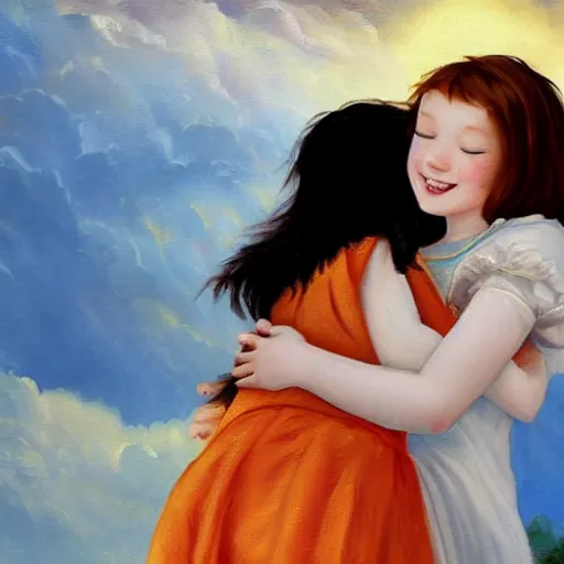 Image similar to a young black haired girl hugging a young ginger haired girl and smiling, beautiful, innocent, angelic, happy, warm, soft lighting, in the clouds, renaissance, beautiful, cherubic, oil painting