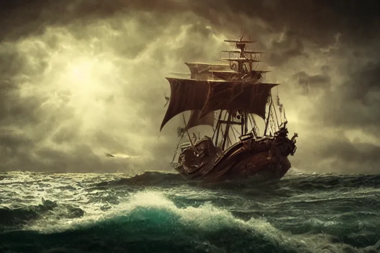 Image similar to epic pirate ship in a storm as cthulhu rises from the sea, in the style of vernon grant and chris van allsburg, trending on artstation, bright tilt - shift camcorder effect, photoshop, retrowave, hyperrealism,