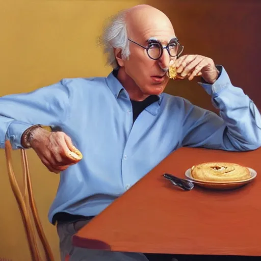 Prompt: Larry David eating a bagel in the style of Salvador Dali, oil painting