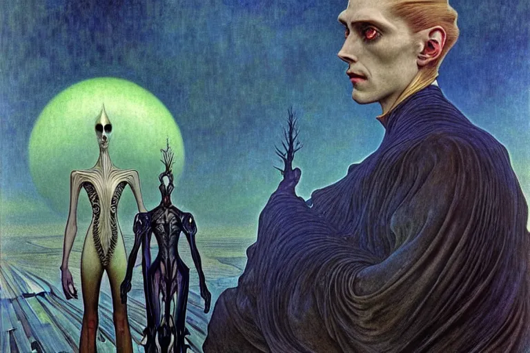 Image similar to realistic extremely detailed portrait painting of an elegantly creepy vampire man in cape, futuristic sci-fi landscape on background by Jean Delville, Amano, Yves Tanguy, Alphonse Mucha, Ernst Haeckel, Edward Robert Hughes, Roger Dean, rich moody colours, blue eyes