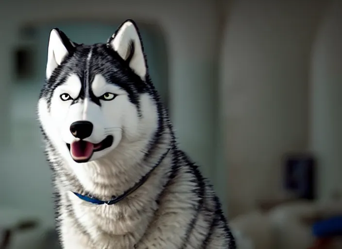 Image similar to film still of an anthropomorphic husky in a white vest in the new sci - fi movie, 8 k