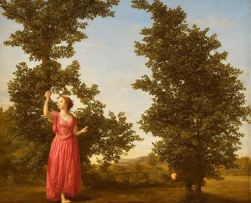 Prompt: Single apple tree in the center. Woman wearing fig leaves stand on the side of a the tree, facing the camera, holding an apple in hand, classical painting, realism, golden hour