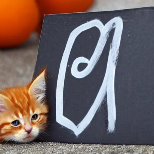 Image similar to cute fluffy orange tabby kitten with a sign that says