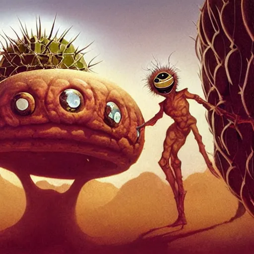 Image similar to ball creature covered with eyes, in the desert next to a cactus, d & d, fantasy, greg rutkowski, frank frazetta, alexandre chaudret, boris vallejo, michael whelan, miro petrov, hr giger, magali villeneuve, donato giancola