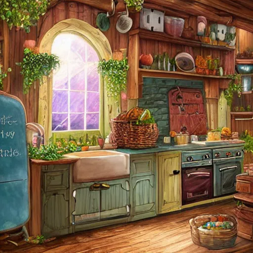 Prompt: a cute country bunny's cottagecore style kitchen, fantasy illustration, detailed painting, and deep color, professional matte painting