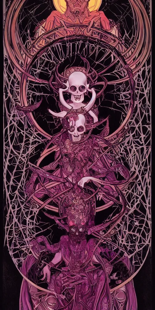 Image similar to intense glowing black metal pagan god with horns and spider eyes and spider legs with a skull in very dark void by josan gonzales and moebius and alphonse mucha, portrait, studio muti, malika favre, rhads, makoto