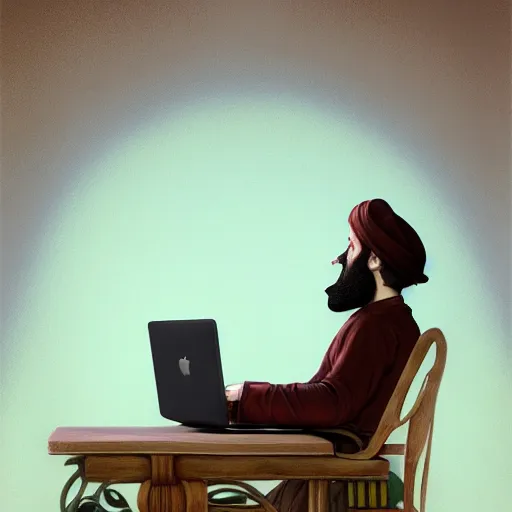 Image similar to young gnome - like man, oversized brown beard and mustache, macbook on his lap, wispy smoke, surreal, art nouveau, photorealistic, octane render, unreal engine, mucha, magritte, artgerm, greg rutkowski, trending on artstation, super detailed, 8 k, control the soul