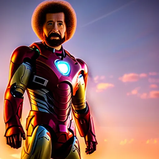 Image similar to a still of Bob Ross as Ironman. Magic Hour. Professional photography, 4K. Mood