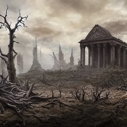 Image similar to a dramatic matte painting of the tomb in the dystopian landscape is opening through the ground, the dead has arisen under the glowing moon, dead trees and a brooding landscape by giger and dariusz zawadzki and beksinsk