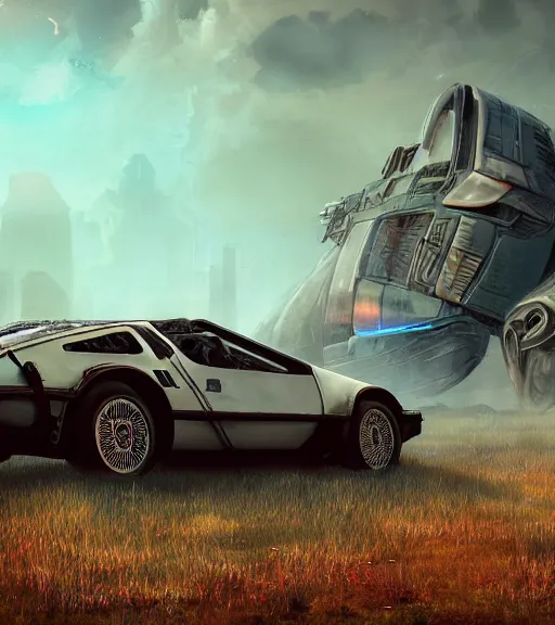 Prompt: an epic fantasy comic book style portrait painting of an abandoned futuristic delorean standing on a field near a cyberpunk city, studio ghibli, unreal 5, daz, hyperrealistic, octane render, cosplay, rpg portrait, dynamic lighting, intricate detail, harvest fall vibrancy, cinematic