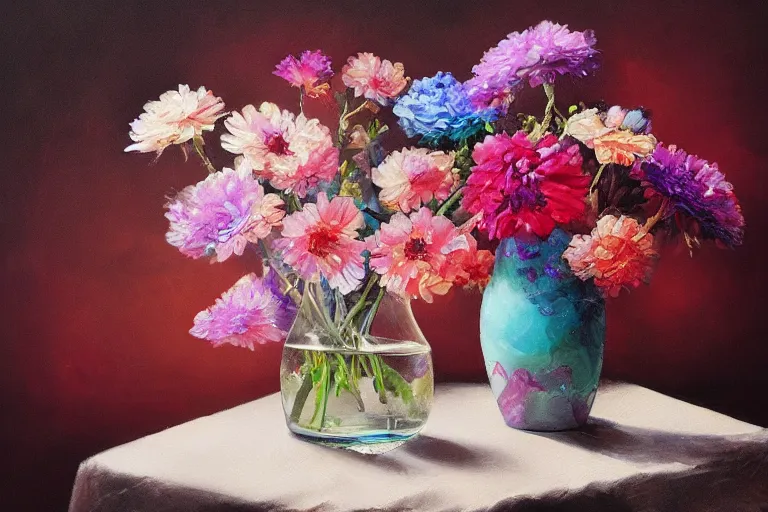 Image similar to vase of melting flowers by jan davidsz, surreal oil painting, luminous, soft lighting, colorful illustration, highly detailed, dream like