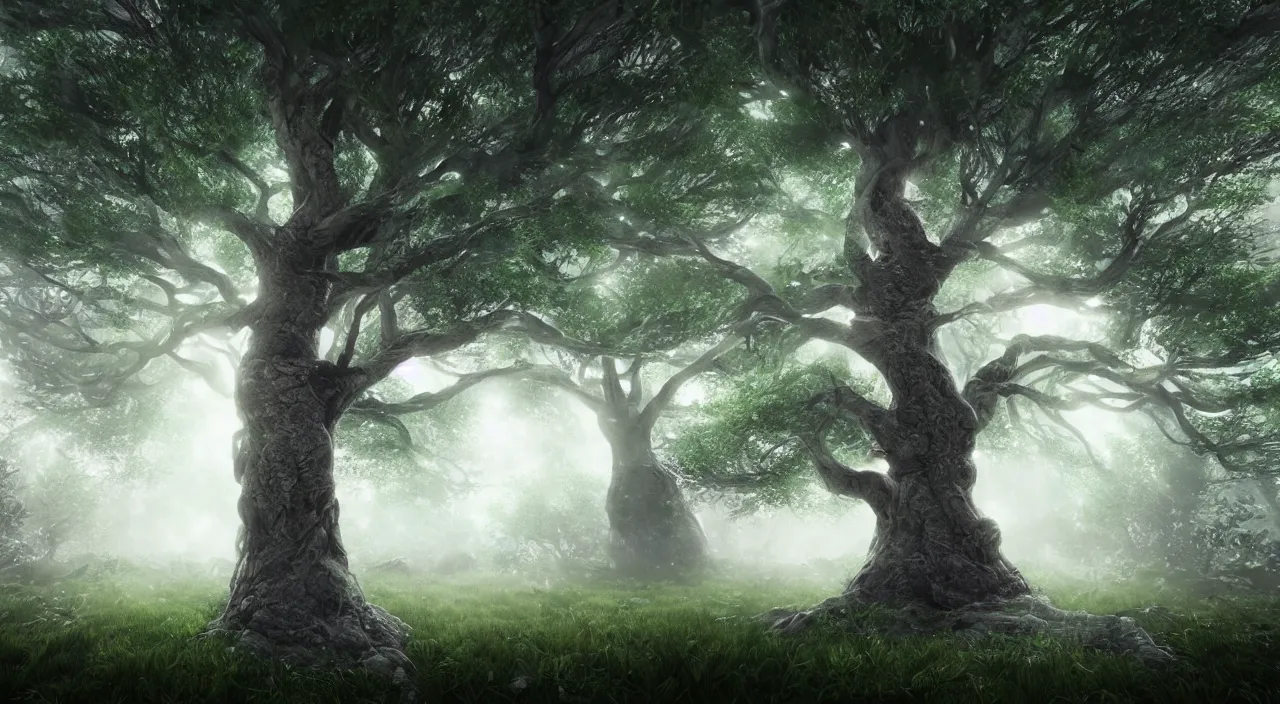 Image similar to huge magical tree with fairy dust, magical atmosphere, photo realistic, highly detailed, mist, trending on artstation, ultra realistic, octane render