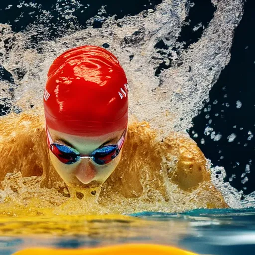 Image similar to uhd photo of olympic swimming in cheesesauce instead ofwater, uhd hyperdetailed photography, photo by annie leibowitz