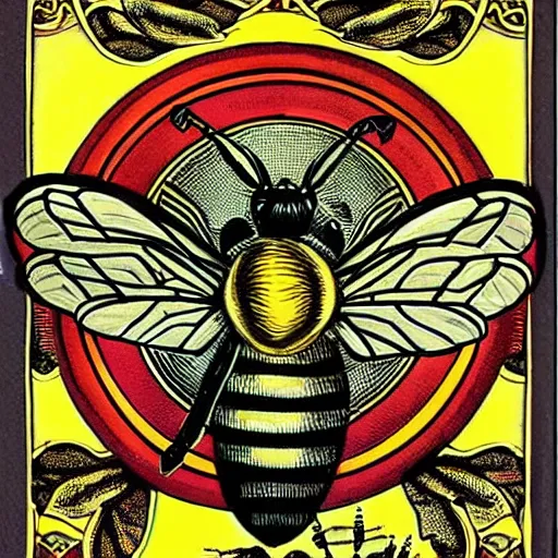 Prompt: a fierce dead bee in the middle of a bloody bullseye at the center of the crosshairs of a gun, art nouveau, fantasy illustration, tarot