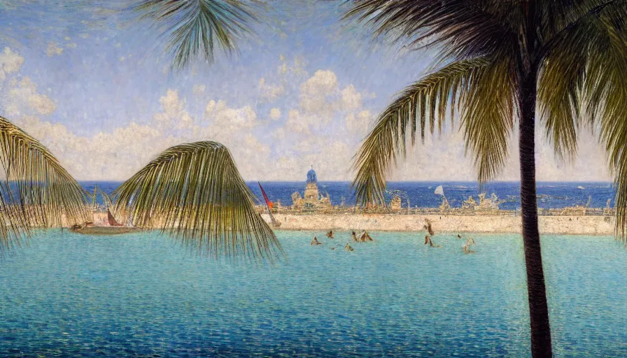 Image similar to a ultradetailed beautiful painting of the megastructure amazonas palace balustrade designed by jules bastien - lepage, tarsila do amaral, frank weston and gustave baumann, beach, trending on artstation, mediterranean, palm trees, sharp focus, colorful refracted sparkles and lines, soft light, 8 k 4 k