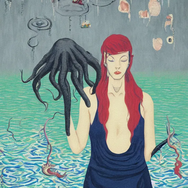 Image similar to tall female emo artist holding an octopus in a flooded cafe, bagels, pigs, water gushing from ceiling, painting of flood waters inside a cafe, a river flooding indoors, pomegranates, pigs, ikebana, water, octopus, river, rapids, waterfall, black swans, zen, canoe, berries, acrylic on canvas, surrealist, by magritte and monet