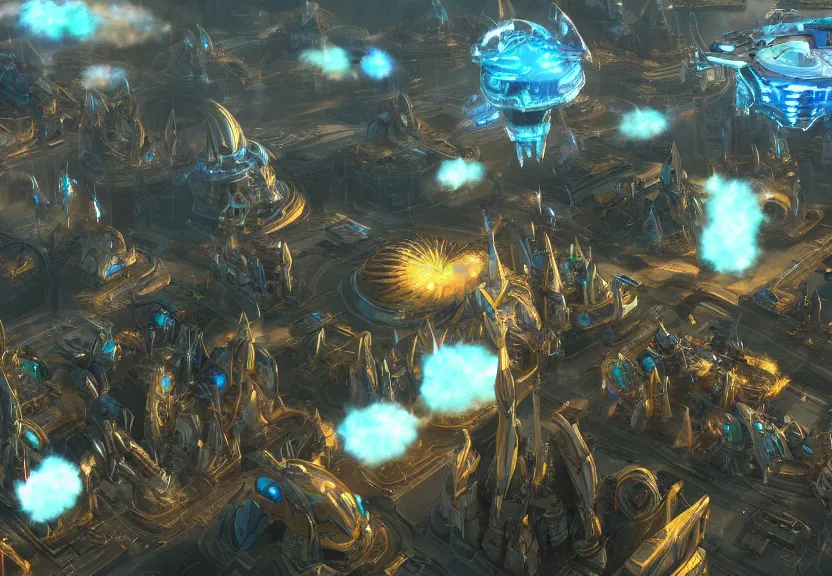 Image similar to protoss spaceship hovering above protoss city, with zerg forces in the distances beautiful art uhd 4 k, artstation, hdr, 4 k, incredible detail, cinematic lighting, unreal engine 5