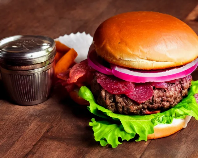 Prompt: dslr food photograph of burger with raw meat, 8 5 mm f 1. 4