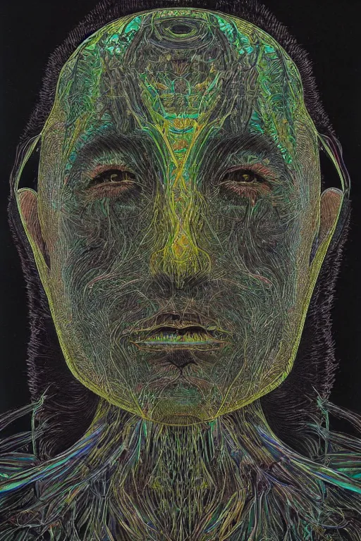 Image similar to dark portrait of one Bioluminescent old shaman, with cracked fractal semi-transparent skin. multicolored fish scales, closeup. long dark hair with insects and plant leaves. at night, realistic. intricate, very detailed, by alex grey and Moebius