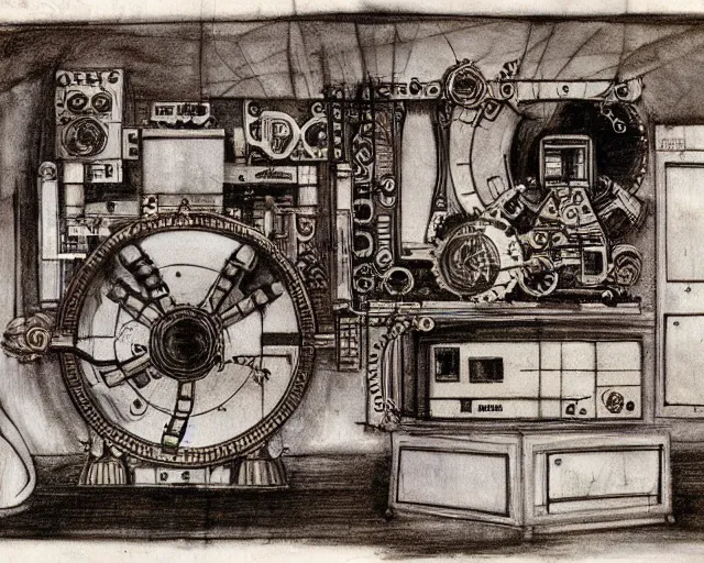 Image similar to steampunk mechanical electrical television set sketch with detailed notes by leonardo da vinci