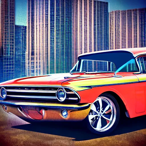 Image similar to beautiful digital painting of a 1 9 6 0 s muscle car fitted with a miniature fusion engine and rocket boosters. beautiful car. sports car. american muscle car. stunning photograph. urban backdrop