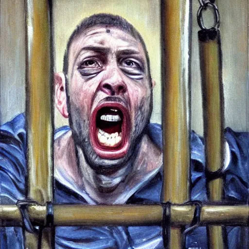 Image similar to a screaming prisoner holding prison bars, realism old painting, oil painting