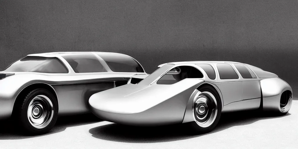 Image similar to a vintage sci fi futuristic car