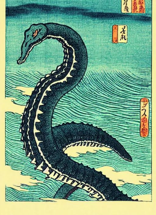 Image similar to the loch ness monster, plesiosaur, as a yokai illustrated by kawanabe kyosai and toriyama sekien