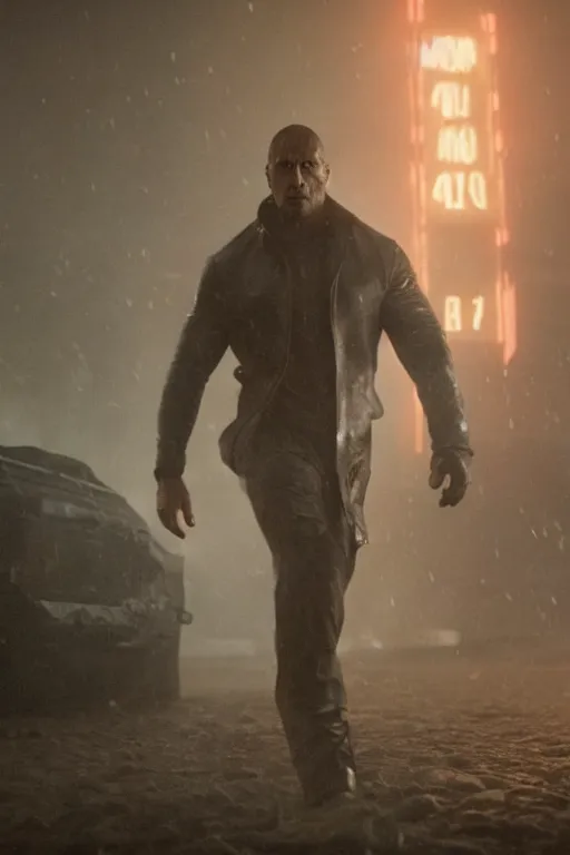 Image similar to An epic cinematic film still of Dwayne Johnson in the movie Blade Runner: 2049.