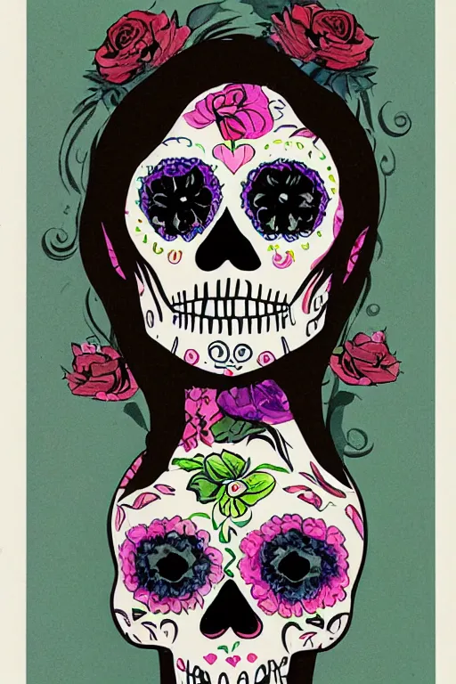 Prompt: Illustration of a sugar skull day of the dead girl, art by john chamberlain