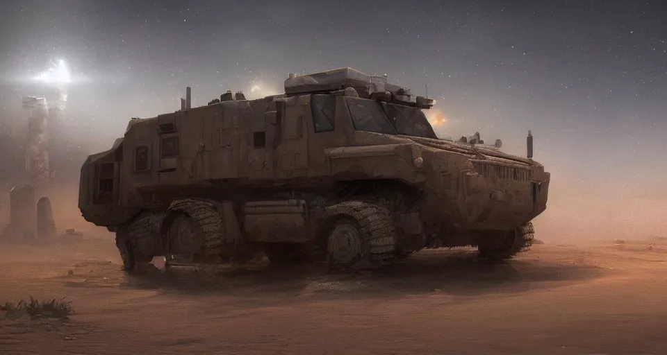 Image similar to an image of an armored vehicle in the night desert with blue headlights on by Paul Chadeisson, atmospherical, concept art, high detail, intimidating , cinematic, lightning , heavy storm , Artstation trending, octane render