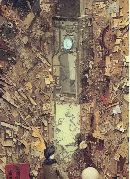 Prompt: the singularity with creatures by shaun tan, detailed, intricate, torn paper collage, oil on canvas by edward hopper, ( by mattias adolfsson ), by moebius