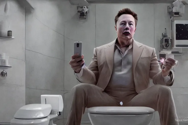 Image similar to hyperrealism aesthetic ridley scott and denis villeneuve style photography of a detailed hyperrealism elon musk, siting on a detailed hyperrealism toilet and scrolling his smartphone in hyperrealism scene from detailed art house movie in style of alejandro jodorowsky and wes anderson