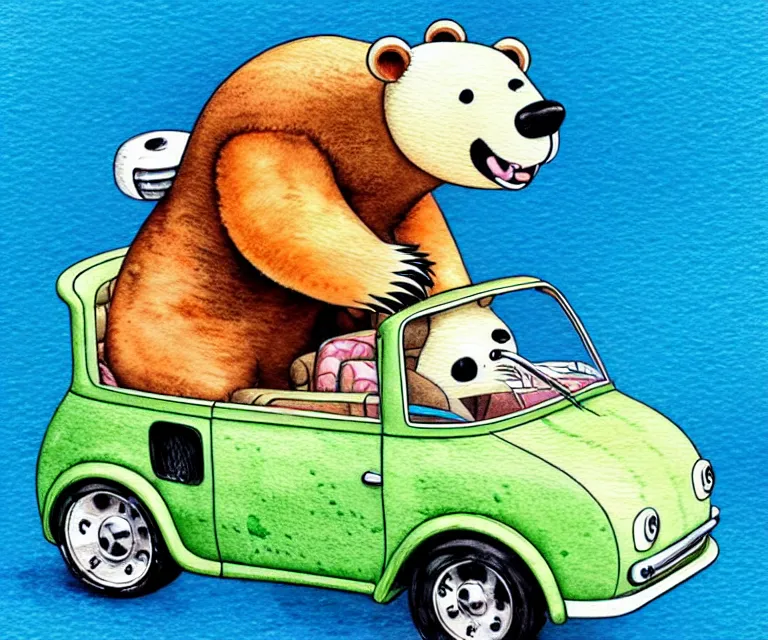 Image similar to cute and funny, bear wearing a helmet riding in a tiny hot rod with oversized engine, ratfink style by ed roth, centered award winning watercolor pen illustration, isometric illustration by chihiro iwasaki, edited by range murata