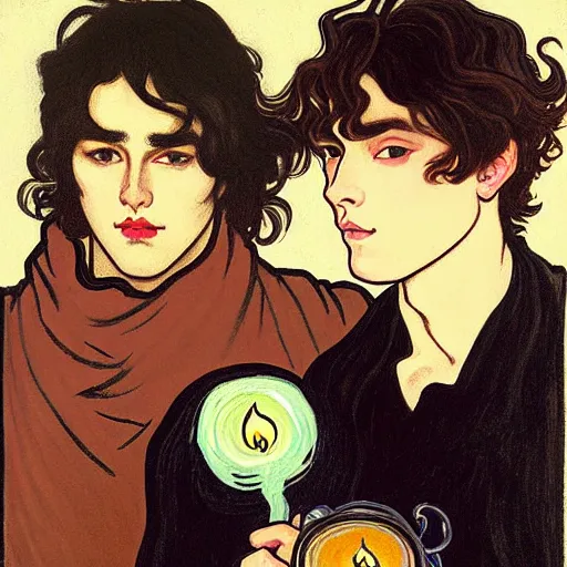 Image similar to painting of young cute handsome beautiful dark medium wavy hair man in his 2 0 s named shadow taehyung and cute handsome beautiful min - jun together at the halloween party, bubbling cauldron, candles, smoke, tarot, autumn colors, elegant, stylized, soft facial features, delicate facial features, art by alphonse mucha, vincent van gogh, egon schiele