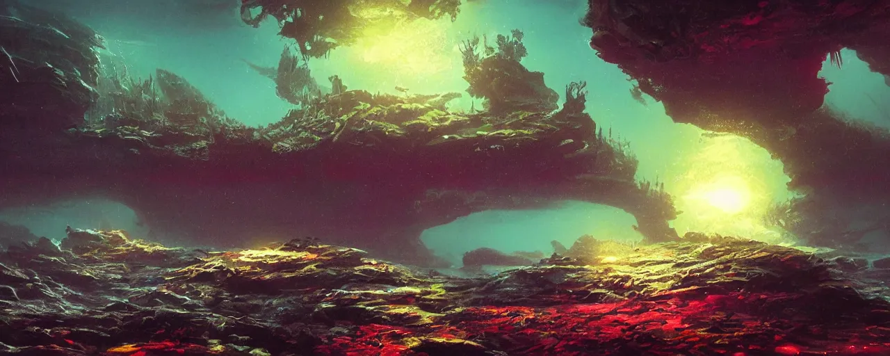 Image similar to ” underwater alien landscape, [ dark, lightshafts, cinematic, detailed, epic, widescreen, opening, establishing, mattepainting, photorealistic, realistic textures, octane render, art by slop and paul lehr ] ”