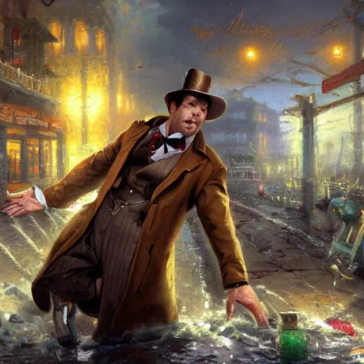 Prompt: a mobster goon in a bulky trenchcoat getting shot in the chest, 4k wallpaper, beautiful digital painting by Thomas Kinkade and Leonardo Da Vinci