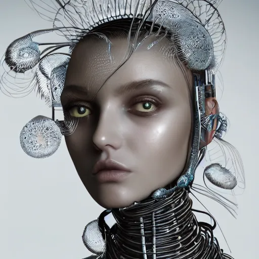 Image similar to closeup portrait of an absurdly beautiful, graceful, sophisticated, fashionable cyberpunk mechanoid gravure idol, an ultrafine hyperdetailed illustration by irakli nadar, matt wisniewski style, fashion photography, intricate linework, porcelain skin, jellyfish headdress, unreal engine 5 highly rendered, global illumination, radiant light, detailed and intricate environment