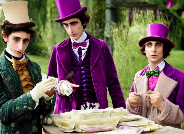 Image similar to film still of 26 year old Timothée Chalamet age 26 26 years old age 26 as Willy Wonka in new Willy Wonka movie, 4k