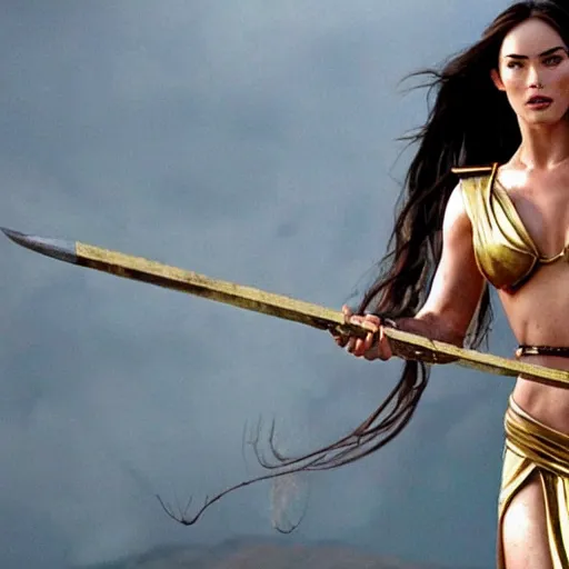 Image similar to megan fox as the greek goddess athena in battle, scene from live action movie