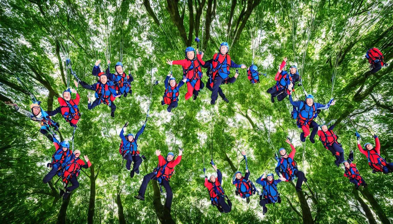 Prompt: group photo of old people parachuting into the trees, very detailed, realistic, 4 k, award winning photography